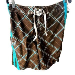 OP Board Shorts Swim Trunks Men L 36 38 Brown White Teal Plaid Mesh Lining